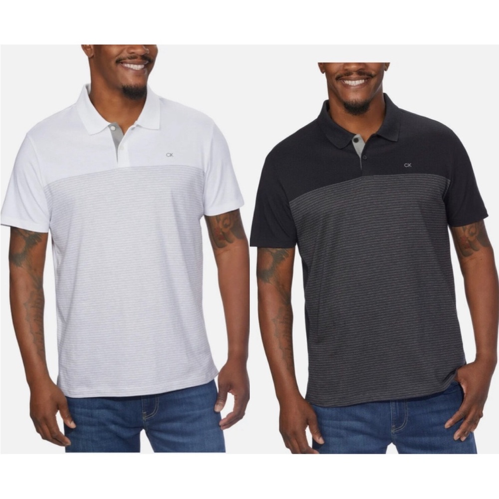 Calvin Klein Men's Liquid Touch Black and White with Stripes Polo Shirt XXL